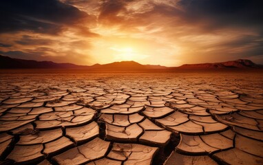 Dramatic sunset over cracked earth. Desert landscape background, Generative AI