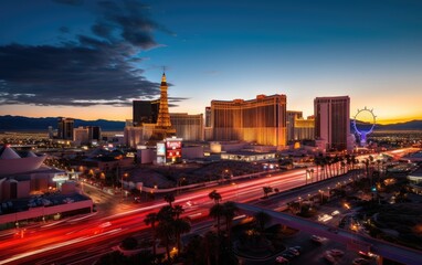 Las Vegas strip sunset, Generative AI - obrazy, fototapety, plakaty
