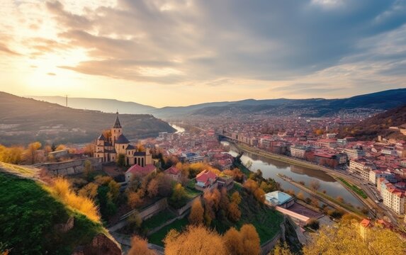 Beautiful panoramic view of Tbilisi at sunset, Georgia country, Generative AI
