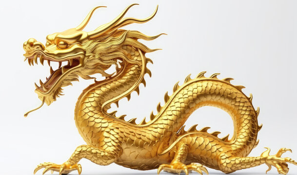 Golden dragon statue on white background, Generative AI