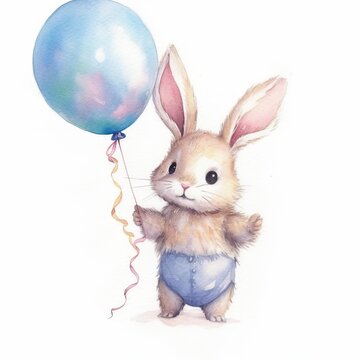 Cute Watercolour Rabbit Bunny Holding a Balloon, Adorable rabbit character painting