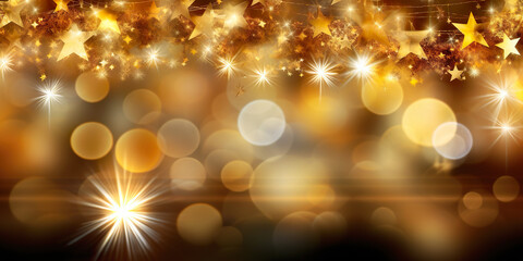 Christmas background with golden stars and bokeh. Generative AI.