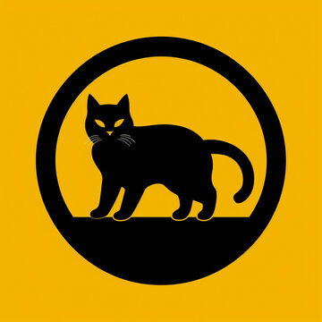 Cool Cat Logo Yellow Background Black Cat Circle Punk Jazz Nightlife