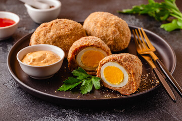 Traditional Scotch Eggs on a black plate.