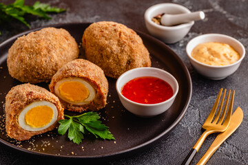 Traditional Scotch Eggs on a black plate.