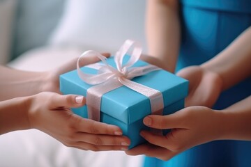 hands holding small gift with ribbon, AI generative