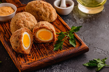 Traditional Scotch Eggs on a wooden board.