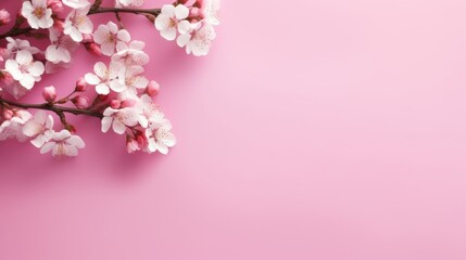 Fototapeta na wymiar Fresh white cherry blossoms on light pink table background. Pastel color. Flat lay. AI generative
