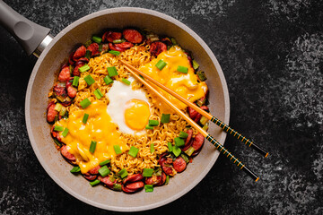 Korean style instant noodle, Shin Ramyeon with sausages