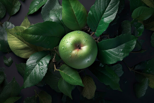 Single apple flat lay surrounded by leaves in cinematic lighting created with Generative AI technology
