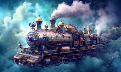 Fototapeta na wymiar steam train in the the clouds. Generative AI image.