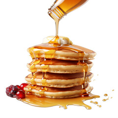 A stack of pancakes with syrup being poured on top on a transparent background png isolated Generative Ai - obrazy, fototapety, plakaty