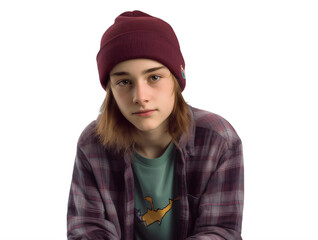 A boy with long hair wearing a red beanie sitting at a table on a transparent background png isolated Generative Ai
