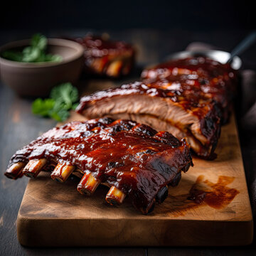 Perfect full rack of beef ribs covered in BBQ sauce created with Generative AI technology