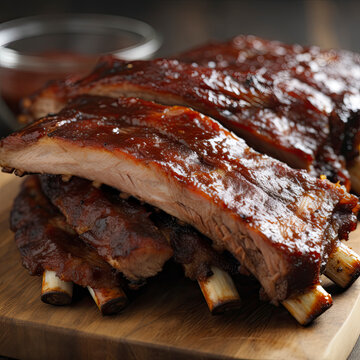 Perfect full rack of beef ribs covered in BBQ sauce created with Generative AI technology