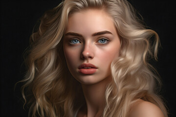 Fototapeta premium A woman with blonde hair and blue eyes isolated on a black background Generative Ai