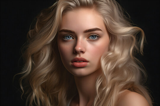 A woman with blonde hair and blue eyes isolated on a black background Generative Ai