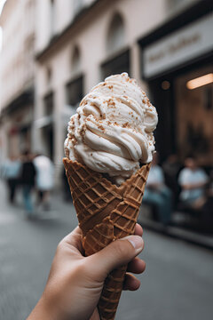 Hand holding an ice cream cone in a blurred outdoor street scene created with Generative AI technology