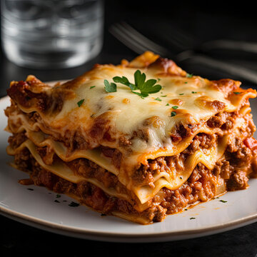Single portion of meat and cheese lasagna plated created with Generative AI technology
