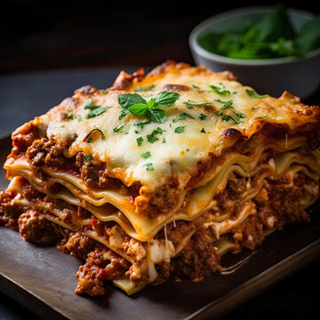 Single portion of meat and cheese lasagna plated created with Generative AI technology