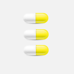 White and yellow Medical Pill Icon Set Closeup Isolated on White Background. Design template of Pills