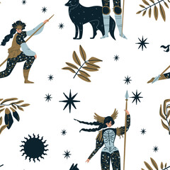 Old Norse Celtic seamless pattern Valkyrie female warrior