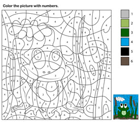 Coloring page with numbers are represented the colors among the black lines. Vector image of a frog is sitting in the plants scripts.