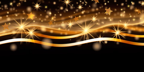 Gold waves and stars and bokeh black color background. Generative AI.