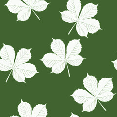 Fototapeta na wymiar Botanical seamless pattern, hand drawn lines of leaf art on a dark green background. Vector illustration. Floral pattern, white chestnut leaves with green lines. 