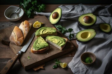 Fototapeta na wymiar Avocado Toast, Green Healthy Vegetable Lunch, Avocado on Bread, Abstract Generative AI Illustration