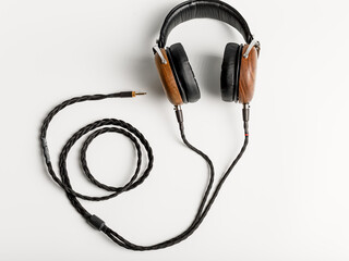 High-quality black and brown wooden acoustic headphones.