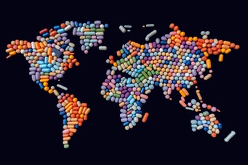 World Map Made of Medicine Pills, Pill Earth, Abstract Generative AI Illustration