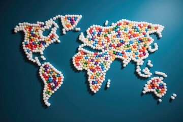 World Map Made of Medicine Pills, Pill Earth, Abstract Generative AI Illustration