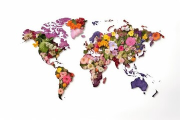 Flower Map, a World Map Made of Flowers, Abstract Generative AI Illustration