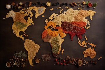 Spices Map, a World Map Made of Seasonings, Abstract Generative AI Illustration