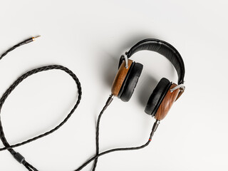High-quality black and brown wooden acoustic headphones.