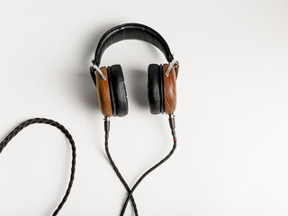 High-quality black and brown wooden acoustic headphones.