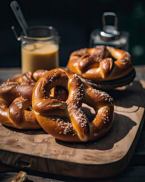 Group of perfectly baked and salted pretzels on table outside created with Generative AI technology