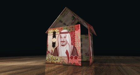 Saudi Arabia Rial 100 SAR money banknotes paper house on the table 3d illustration