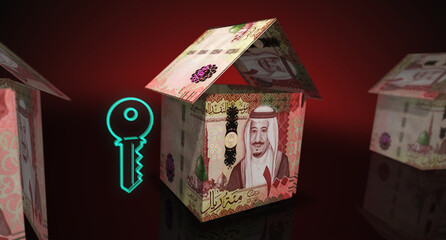 Saudi Arabia Rial 100 SAR money banknotes paper house on the table 3d illustration