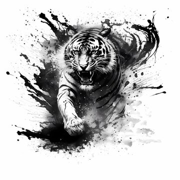 Tiger illustration. Black and white illustration, tattoo design. Sketch style, ink. A symbol of strength, power and beauty.