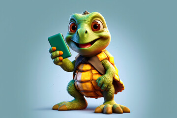 Fototapeta premium friendly and charismatic turtle character involved in an everyday activity, animal influencer, animals banner, Generative AI