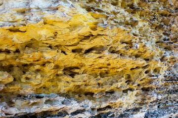 Collapsing layered shell rock coastline of Pontian limestones in the western Crimea, Black Sea