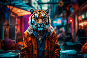 Fototapeta na wymiar friendly and charismatic tiger character involved in an everyday activity, animal influencer, animals banner, Generative AI