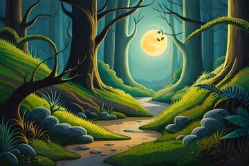The moon hangs low in the sky above an ancient forest