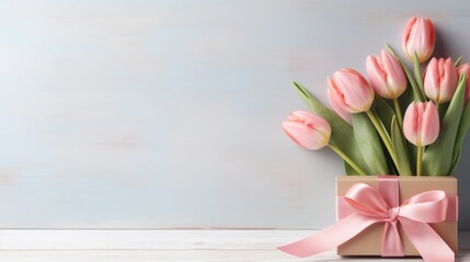 gift boxes and flowers on color background AI generative