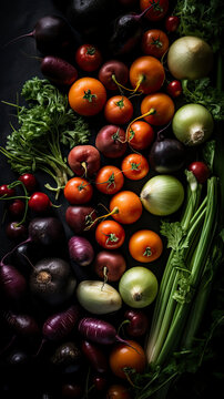 Dark and moody rustic flat lay of fresh vegetables created with Generative AI technology