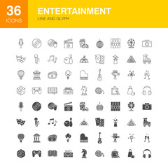 Entertainment Line Web Glyph Icons. Vector Illustration of Holiday Outline and Flat Symbols.
