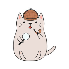 Cute funny detective cat cartoon character illustration. Hand drawn kawaii style design, line art, drawing, isolated vector. Kids print element