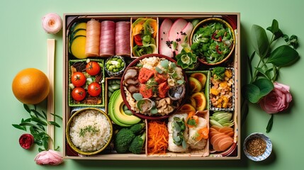 close up healthy lunch box meal full of fresh fruit sesame and vegetable, yummy delicious, Generative Ai
